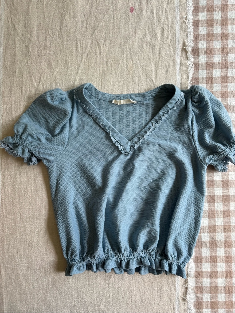 Light Blue Puff Sleeve V-Neck Crop Top